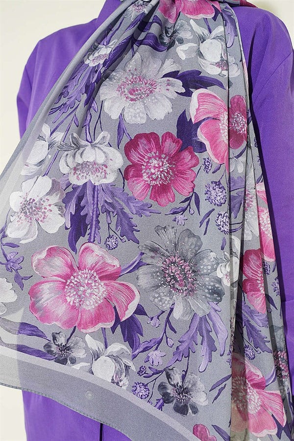 Floral Patterned Italian Chiffon Scarf, Grey