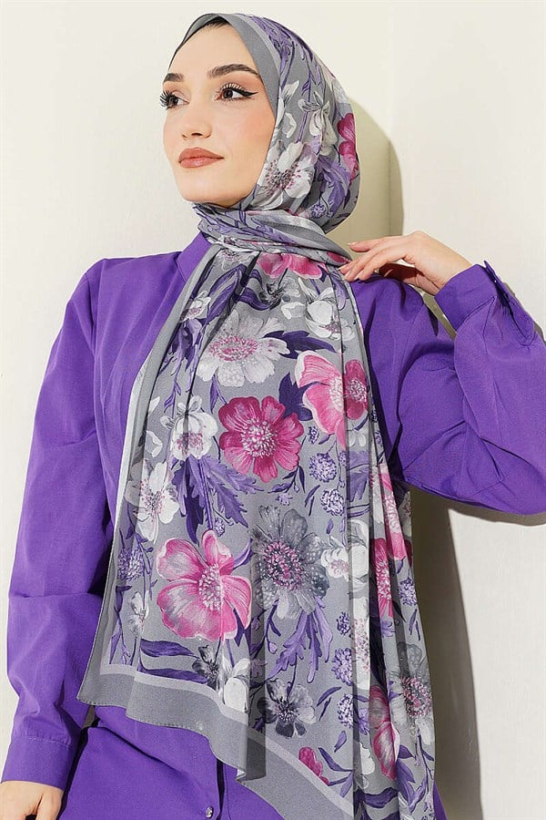 Floral Patterned Italian Chiffon Scarf, Grey
