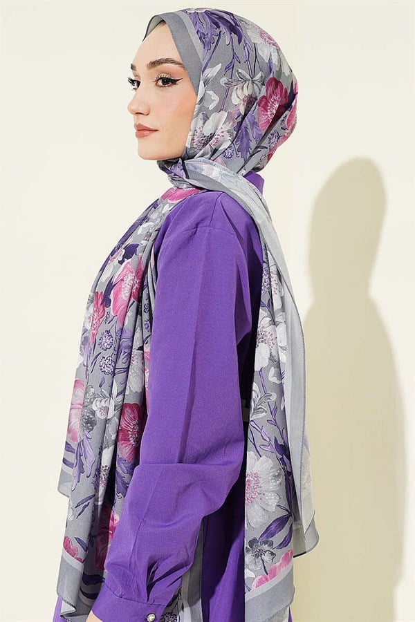 Floral Patterned Italian Chiffon Scarf, Grey