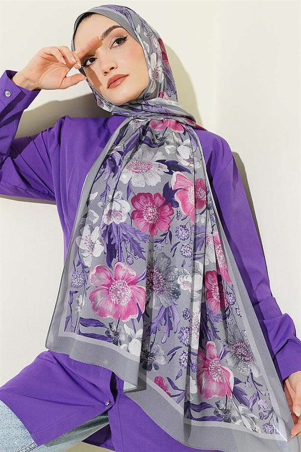 Floral Patterned Italian Chiffon Scarf, Grey