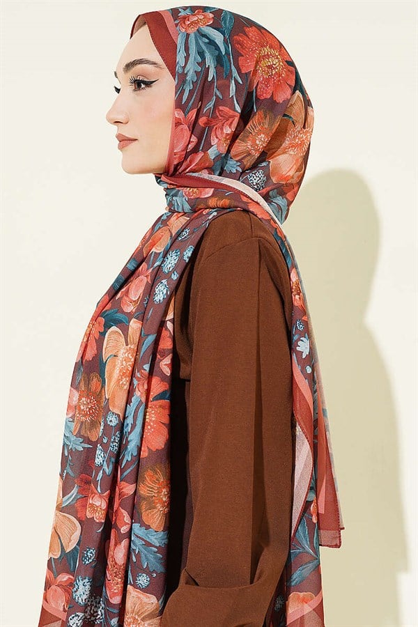 Floral Patterned Italian Chiffon Shawl, Terracotta