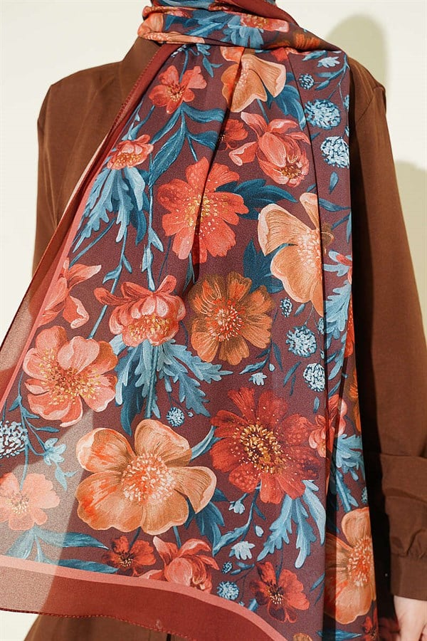 Floral Patterned Italian Chiffon Shawl, Terracotta