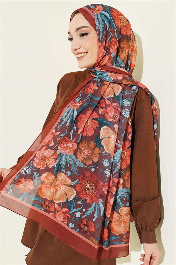 Floral Patterned Italian Chiffon Shawl, Terracotta