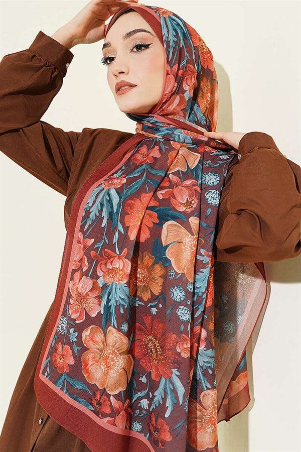 Floral Patterned Italian Chiffon Shawl, Terracotta