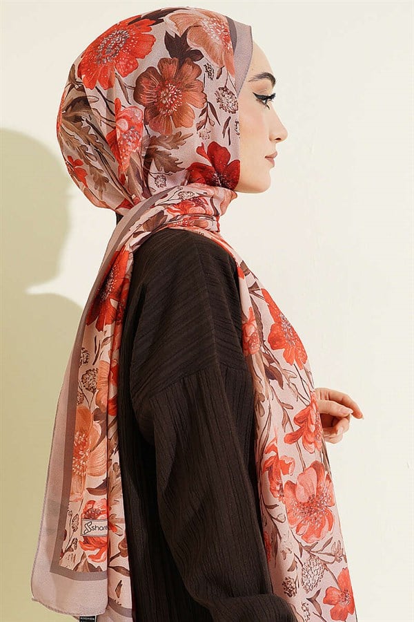 Floral Patterned Italian Chiffon Shawl Latte