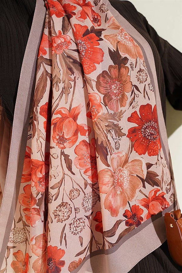Floral Patterned Italian Chiffon Shawl Latte