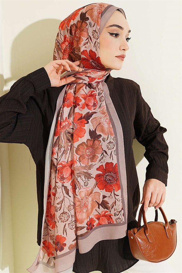 Floral Patterned Italian Chiffon Shawl Latte