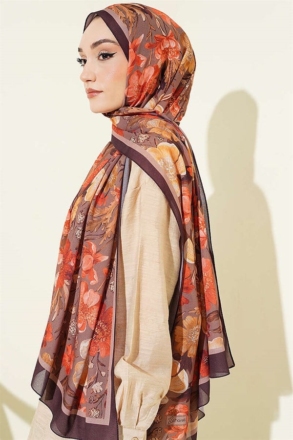 Floral Patterned Italian Chiffon Scarf, Plum