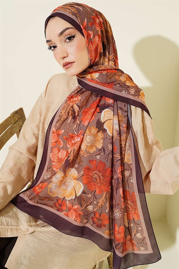 Floral Patterned Italian Chiffon Scarf, Plum