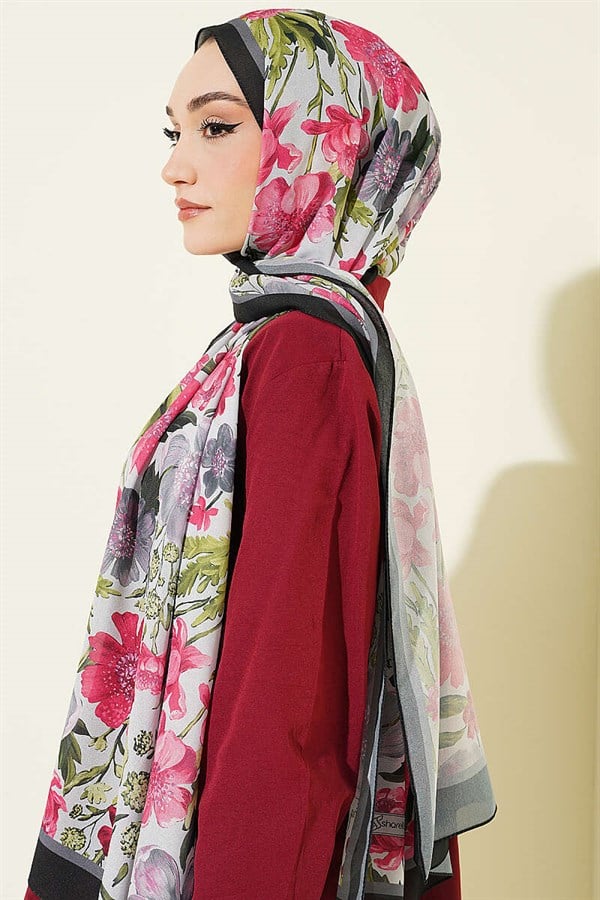 Floral Patterned Italian Chiffon Scarf, Black and Grey