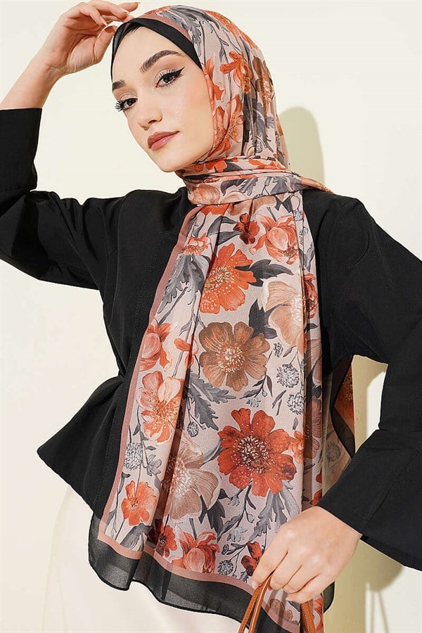 Floral Patterned Italian Chiffon Scarf Black Latte