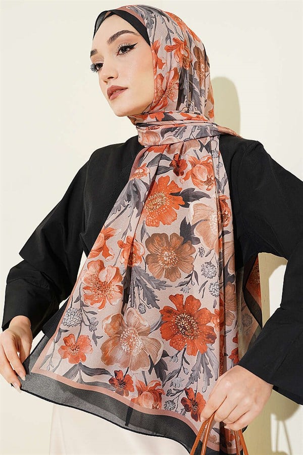 Floral Patterned Italian Chiffon Scarf Black Latte