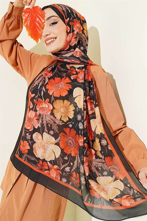 Floral Patterned Italian Chiffon Scarf Black Orange
