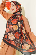 Floral Patterned Italian Chiffon Scarf Black Orange