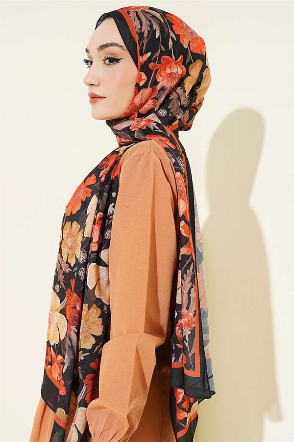 Floral Patterned Italian Chiffon Scarf Black Orange