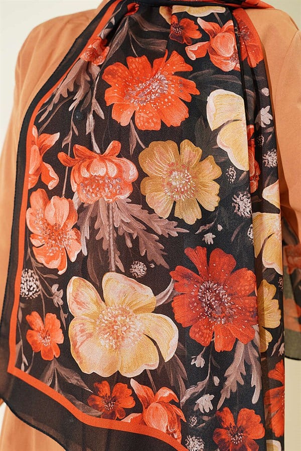 Floral Patterned Italian Chiffon Scarf Black Orange