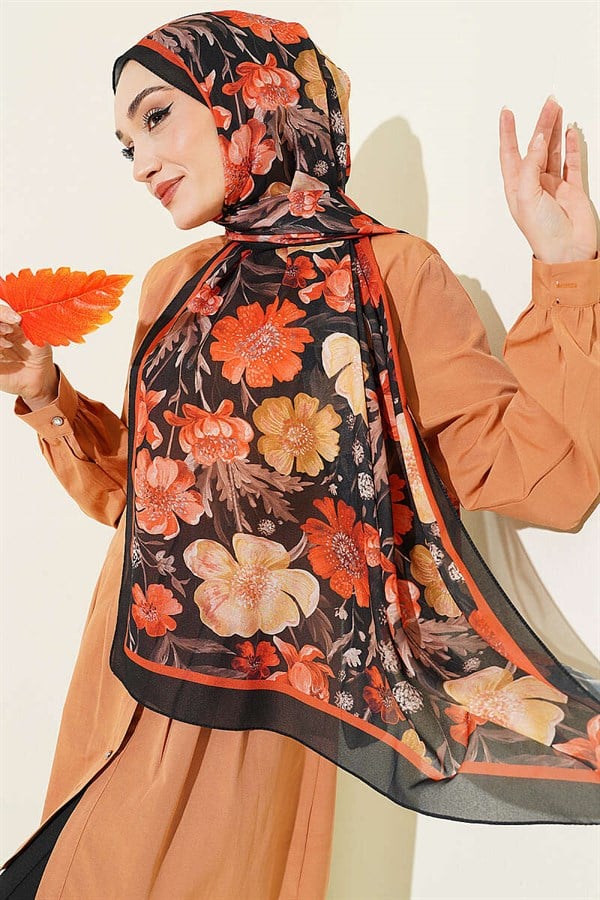 Floral Patterned Italian Chiffon Scarf Black Orange