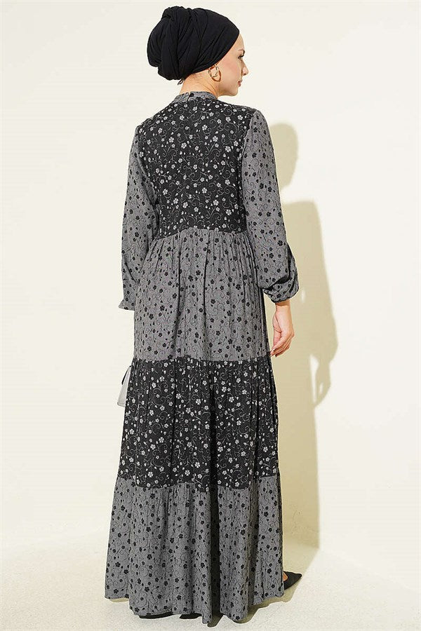 Floral Patterned Layered Crinkle Dress, Smoke Grey
