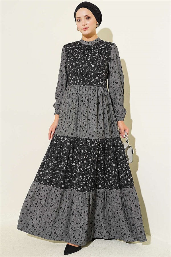 Floral Patterned Layered Crinkle Dress, Smoke Grey