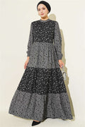 Floral Patterned Layered Crinkle Dress, Smoke Grey