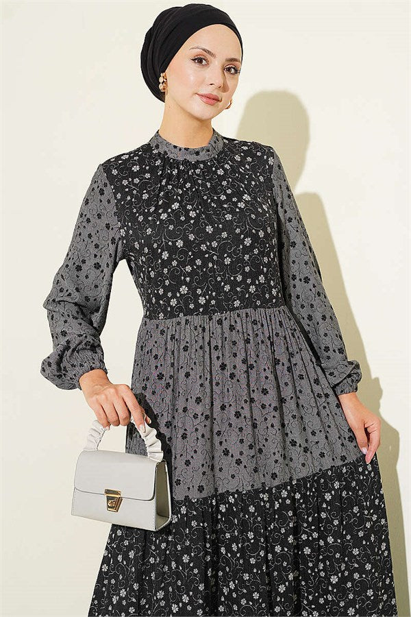 Floral Patterned Layered Crinkle Dress, Smoke Grey