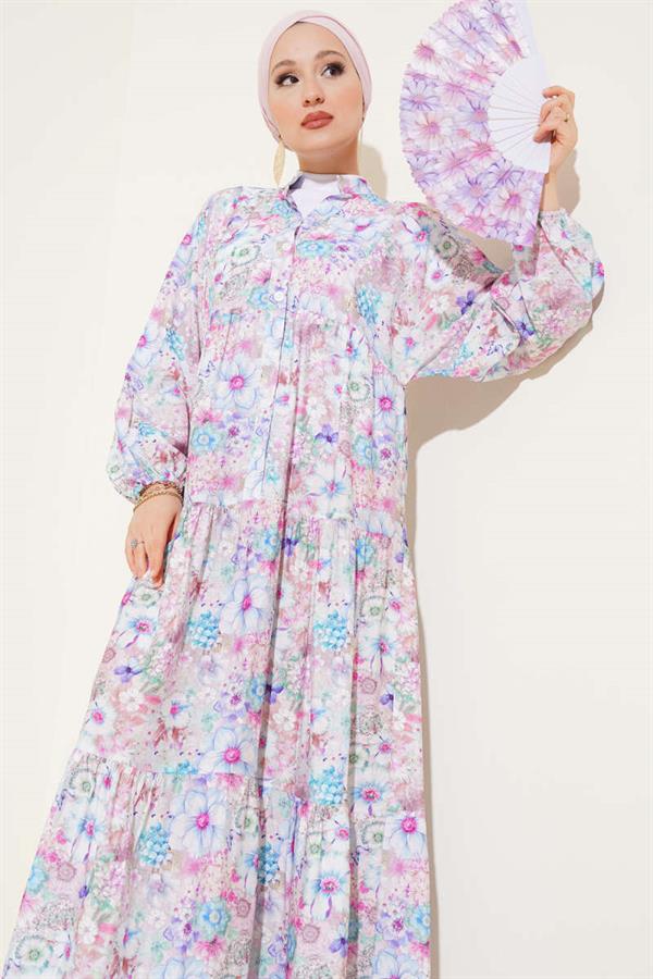 Floral Patterned Flared Dress Blue