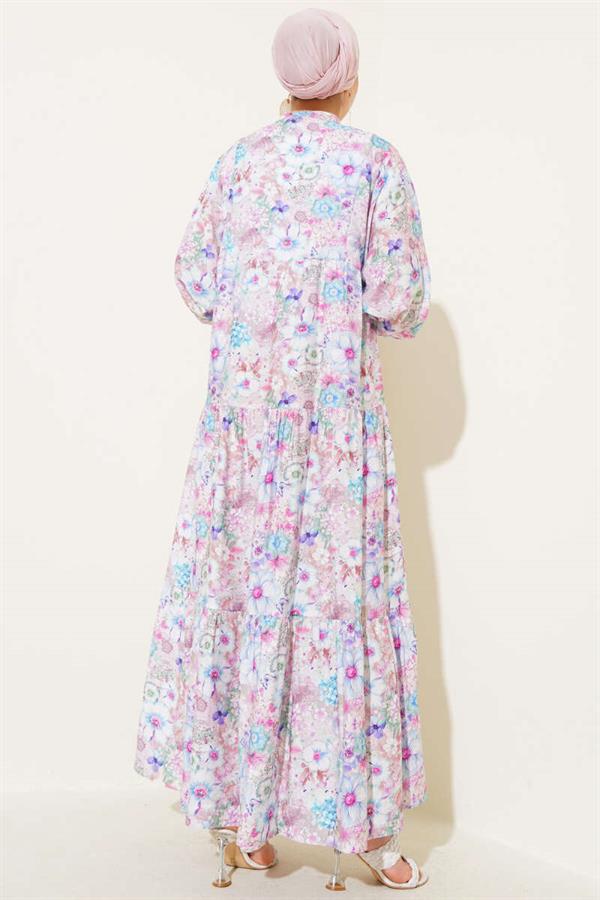 Floral Patterned Flared Dress Blue