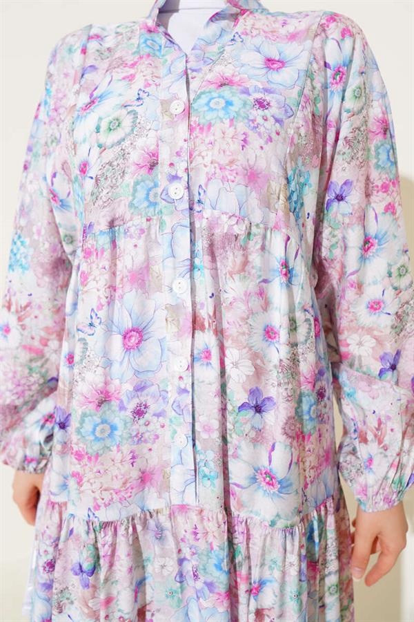 Floral Patterned Flared Dress Blue
