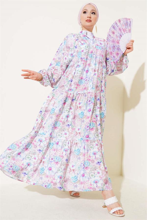 Floral Patterned Flared Dress Blue