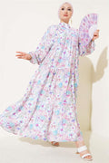 Floral Patterned Flared Dress Blue
