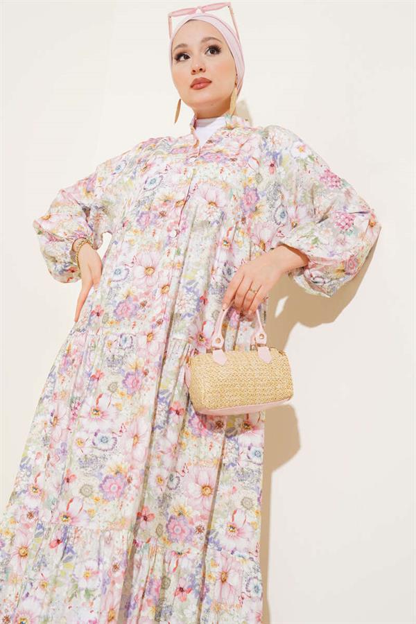Pink Floral Patterned Flared Dress