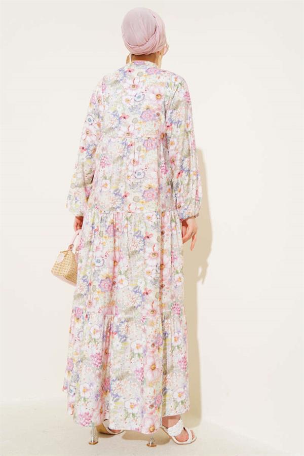 Pink Floral Patterned Flared Dress