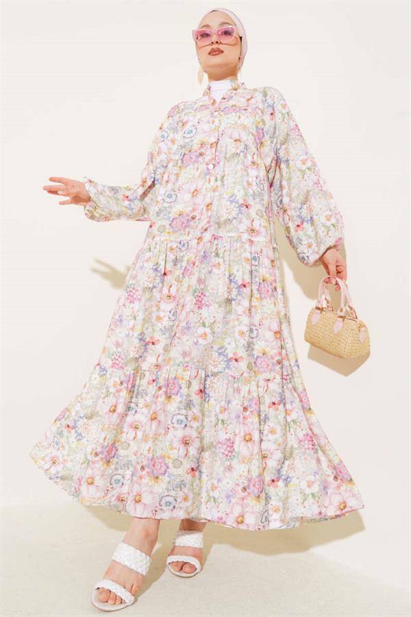 Pink Floral Patterned Flared Dress
