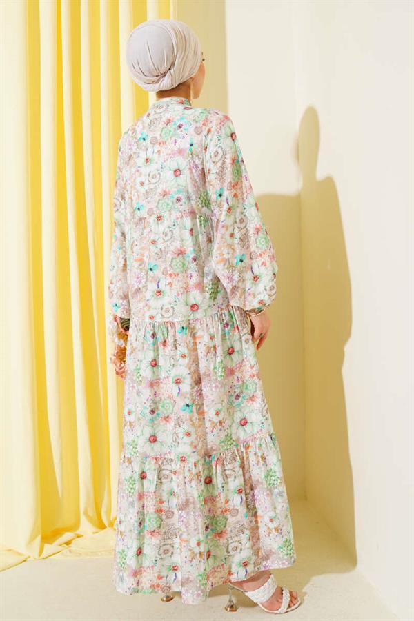 Floral Patterned Flared Dress Green