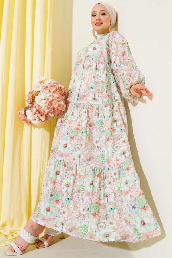 Floral Patterned Flared Dress Green