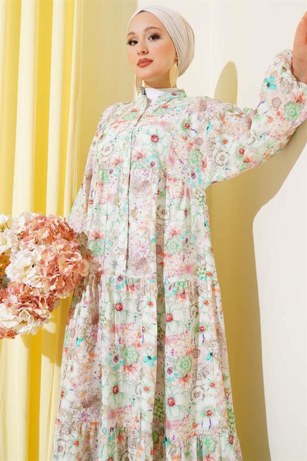 Floral Patterned Flared Dress Green