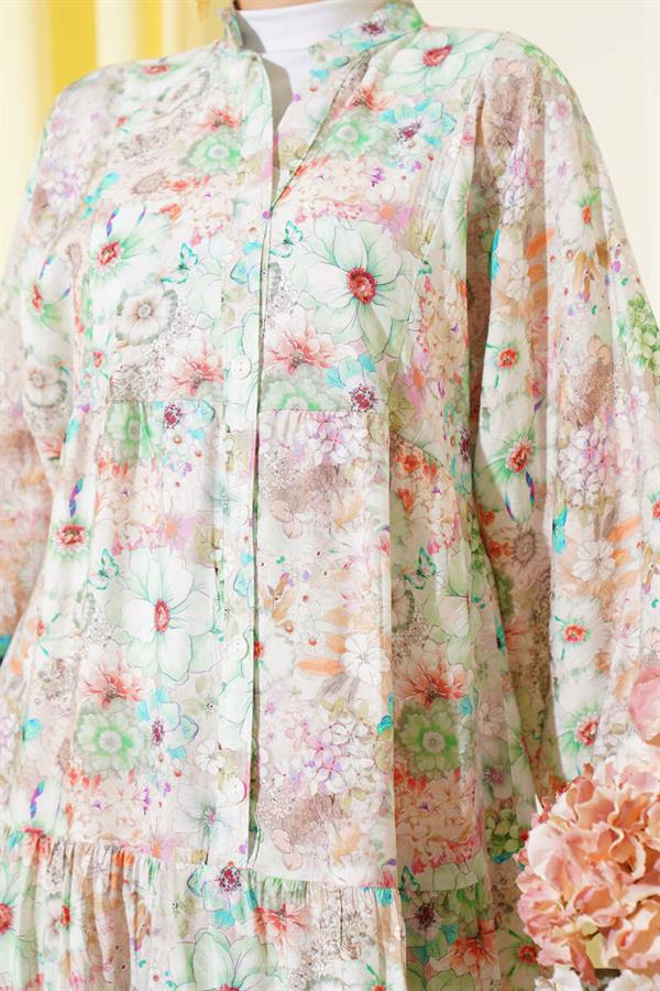 Floral Patterned Flared Dress Green