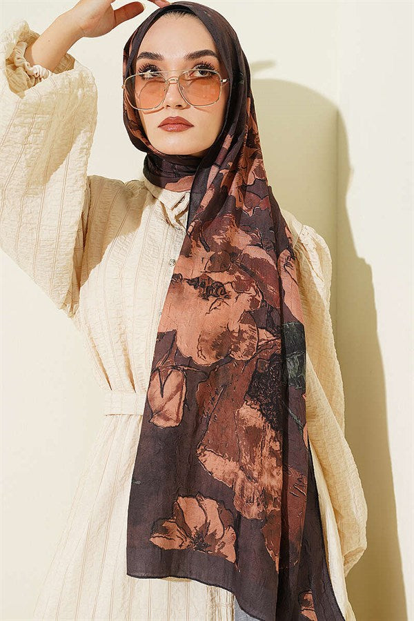 Floral Patterned Liva Crash Modal Scarf, Dark Brown
