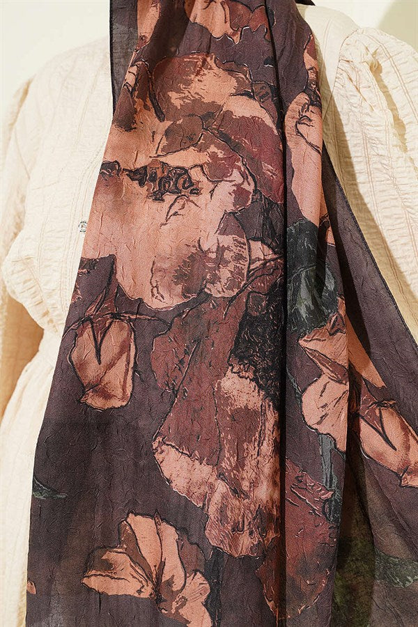 Floral Patterned Liva Crash Modal Scarf, Dark Brown