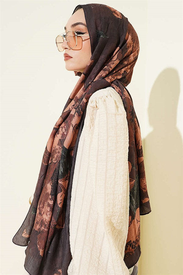 Floral Patterned Liva Crash Modal Scarf, Dark Brown