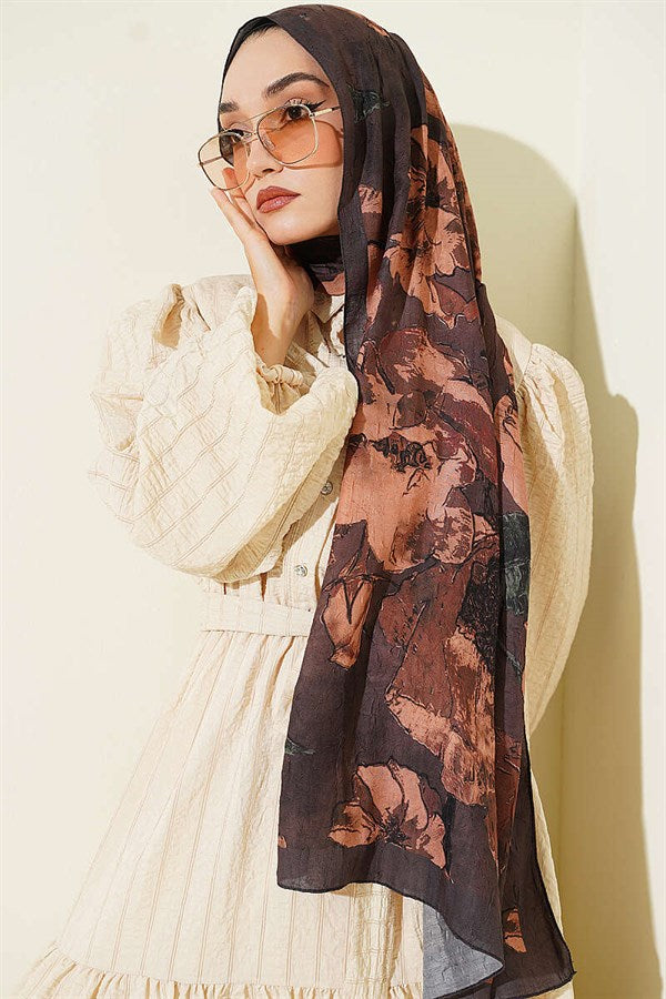 Floral Patterned Liva Crash Modal Scarf, Dark Brown