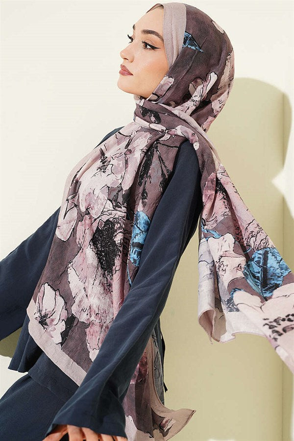 Floral Patterned Liva Crash Modal Scarf, Beige