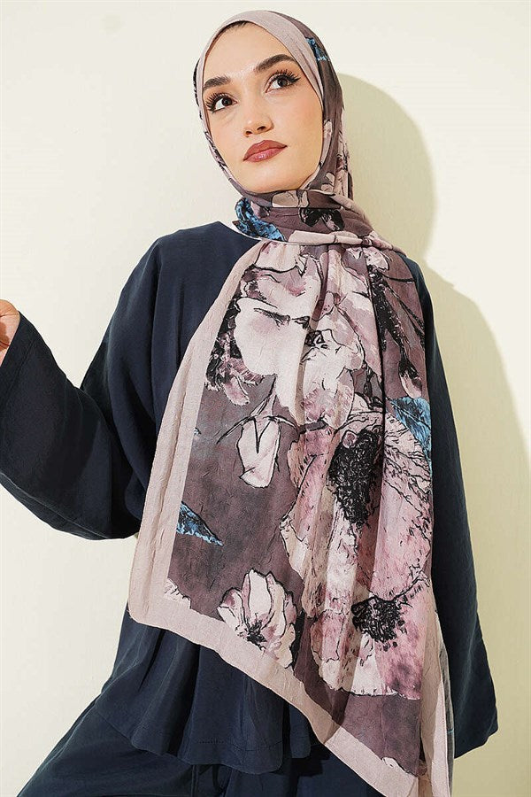 Floral Patterned Liva Crash Modal Scarf, Beige