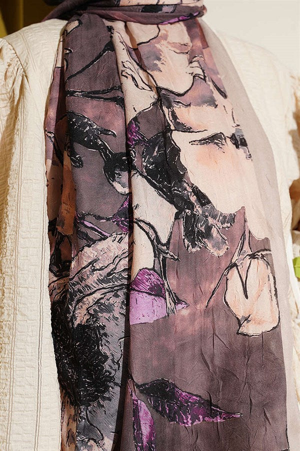 Floral Patterned Liva Crash Modal Scarf Wheat