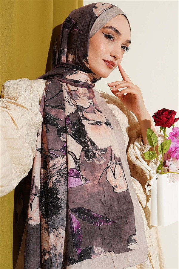 Floral Patterned Liva Crash Modal Scarf Wheat