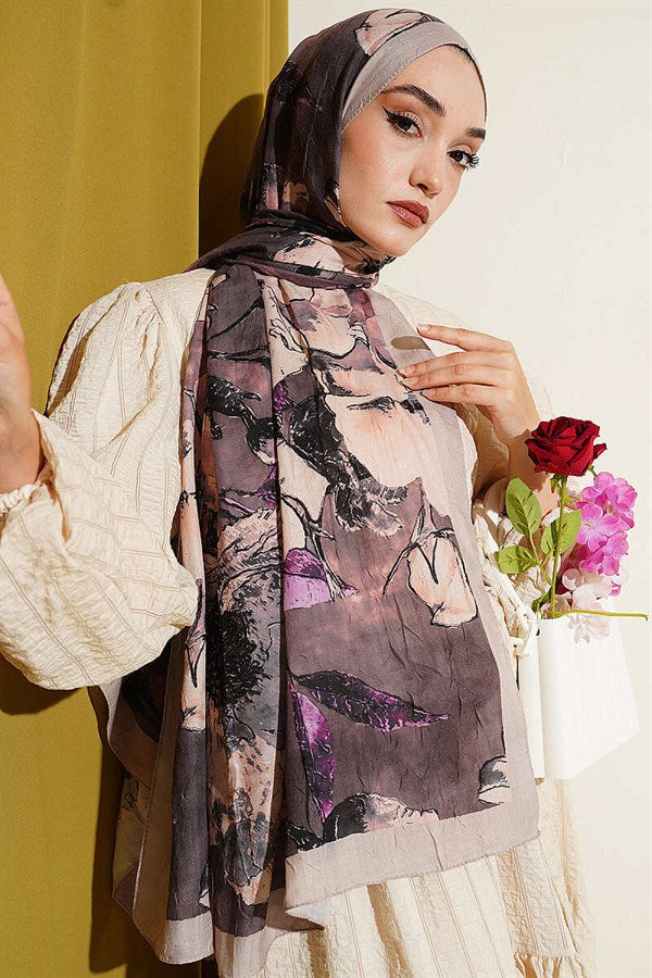 Floral Patterned Liva Crash Modal Scarf Wheat