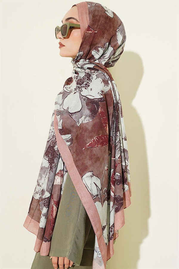 Floral Patterned Liva Crash Modal Scarf Camel