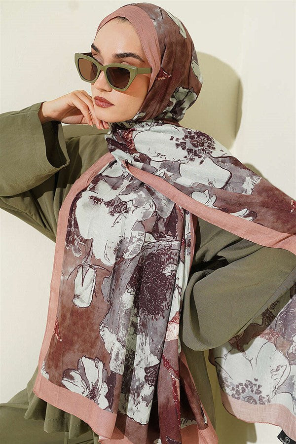 Floral Patterned Liva Crash Modal Scarf Camel