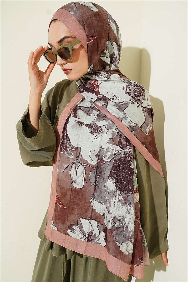 Floral Patterned Liva Crash Modal Scarf Camel
