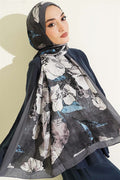 Floral Patterned Liva Crash Modal Scarf, Smoke Grey